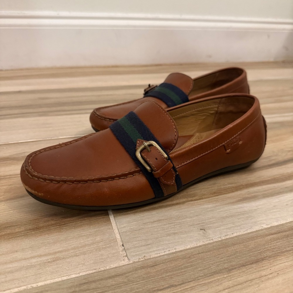 Polo Ralph Lauren Riali Mens Leather Driver Loafers Tan Brown Striped Buckle 9D